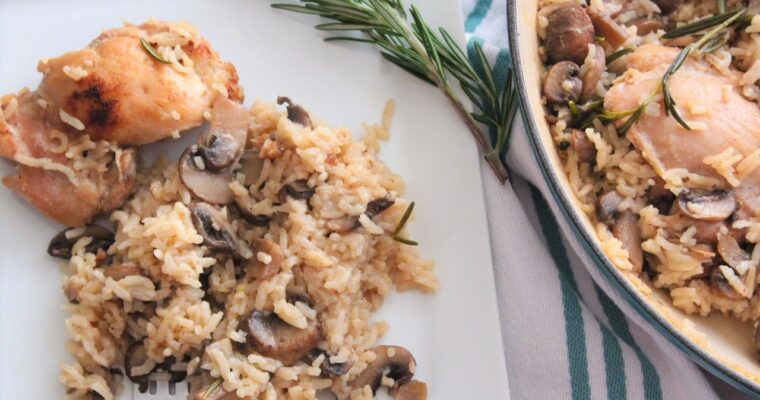 One-Pot Baked Chicken with Rice, Mushrooms, and Rosemary