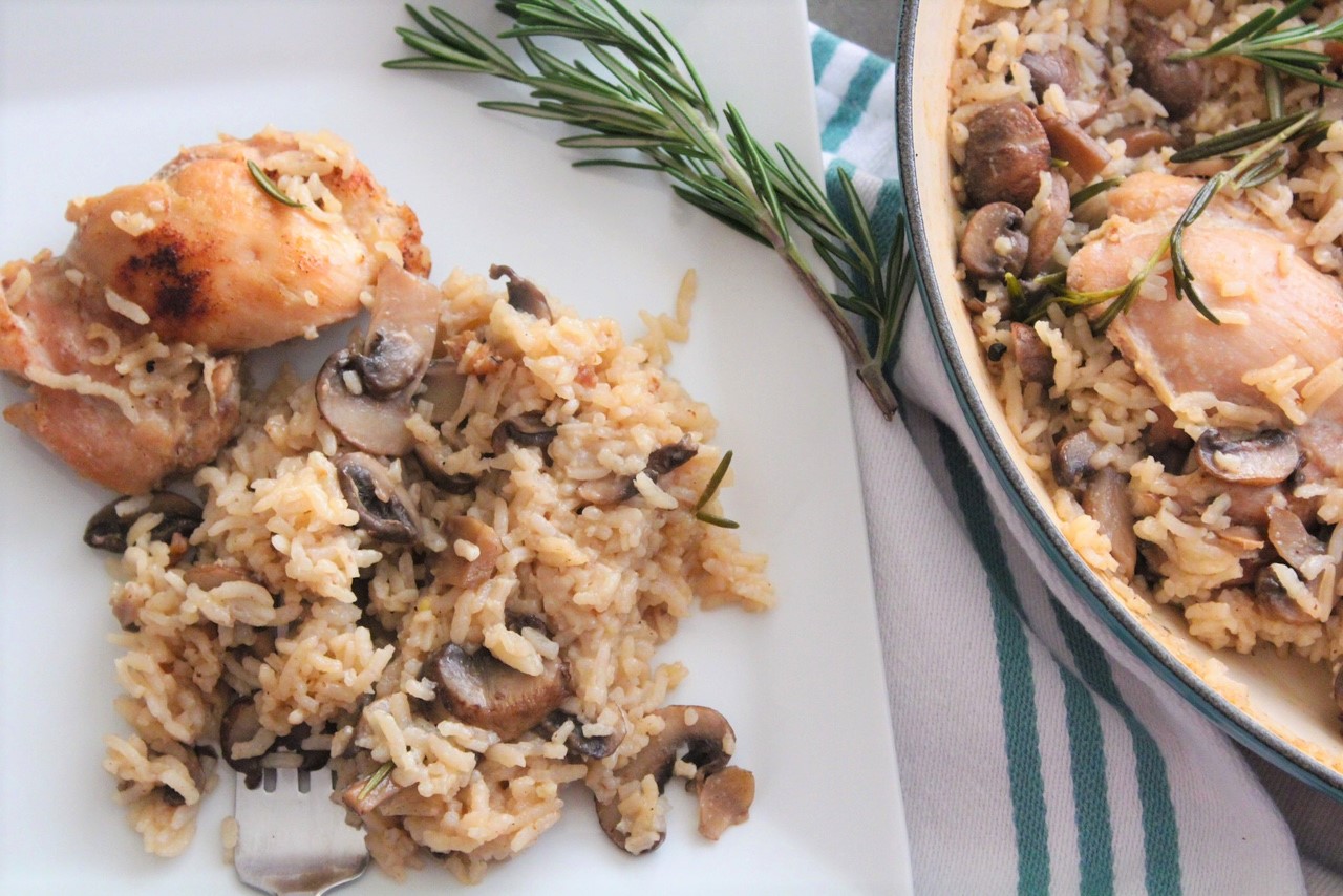 One-Pot Baked Chicken with Rice, Mushrooms, and Rosemary