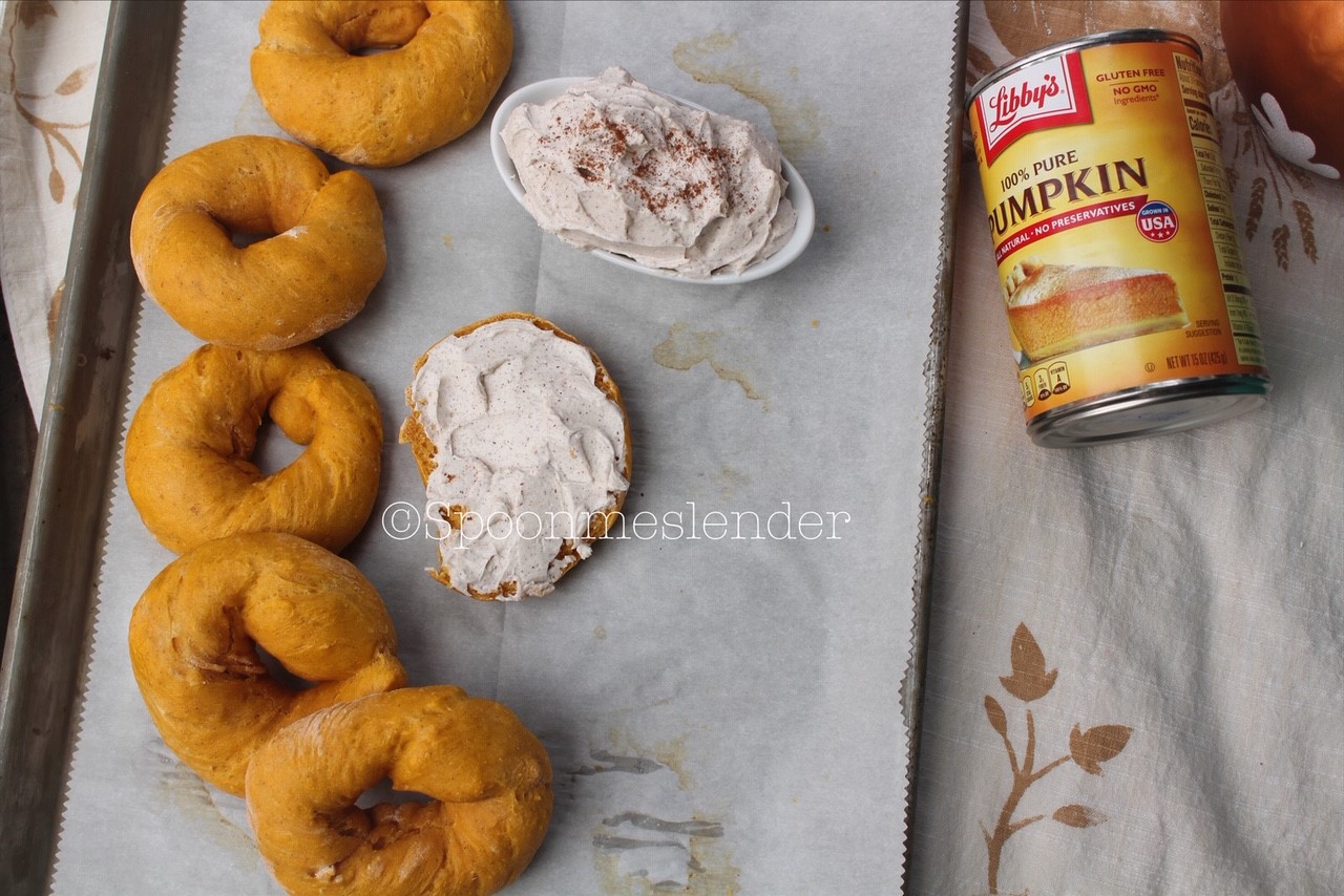 Pumpkin Bagels with Cinnamon Cream Cheese